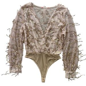 Xtaren Women’s S Gold Metallic Fringe Sequins Long Sleeves Sheer V-neck Bodysuit